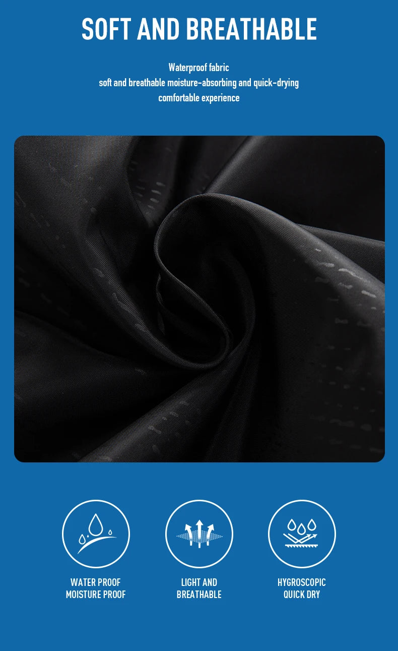 Black fabric with text and icons on a blue background